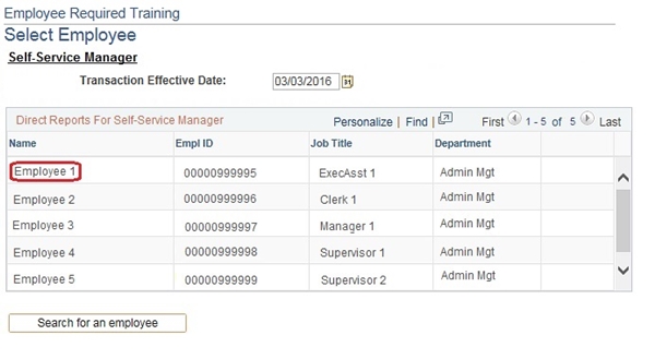 Image of the Employee Required Training Selection page. The first direct report listed is highlighted.