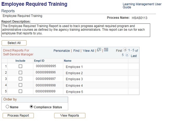 Image of the Employee Required Training Summary Selection Page