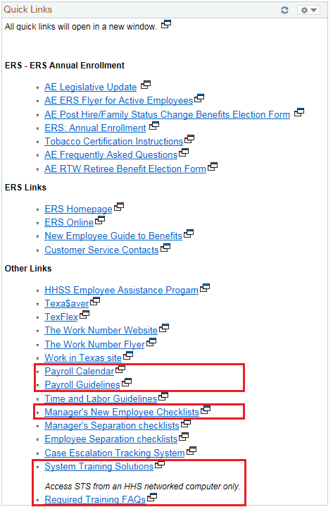 The Quick Links section of the CAPPS home page is displayed. The red boxes highlight the Manager Payroll Calendar, Payroll Guidelines and Managers New Employee Checklist links.