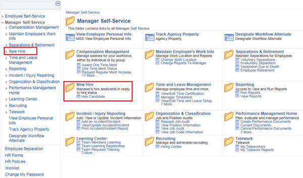The Main Navigation pane is displayed. Red boxes highlight the New Hire folder and the Hire Candidate link.