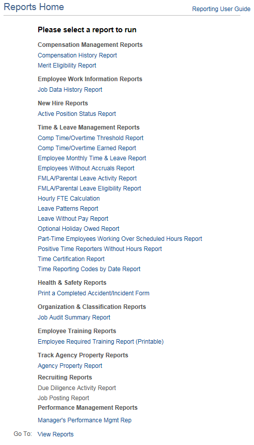 Image of the Reports Home page.