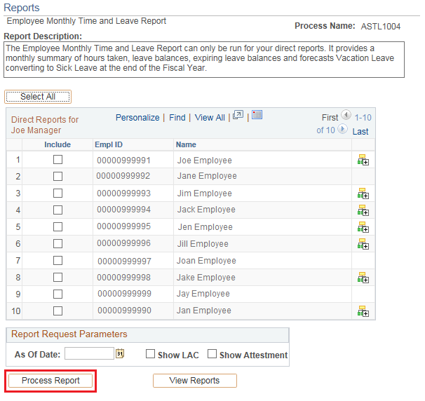 Image of the Reports page. The image shows a highlighted box around the Process Report button.