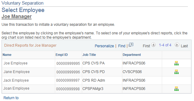 Image of the Select Employee page. The image shows a highlighted box around the Name column.
