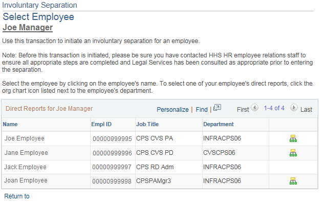 Image of the Select Employee page. The image shows a highlighted box around the Name column.