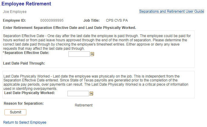 Image of the Employee Retirement page.