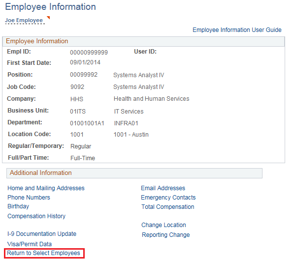 Image of the View Employee Personal Information page. The image shows a highlighted box around the Return to Employee Information link.