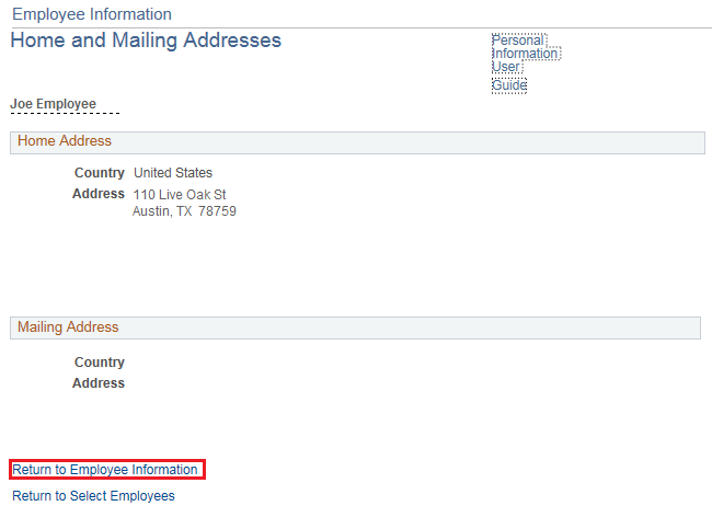 Image of the Home and Mailing Addresses page. The image shows a highlighted box around the Return to Employee Information link.