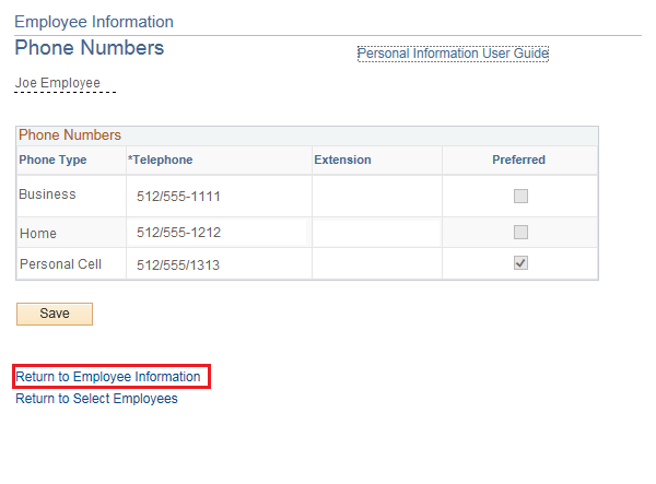 Image of the Phone Numbers page. The image shows a highlighted box around the Return to Employee Information link.