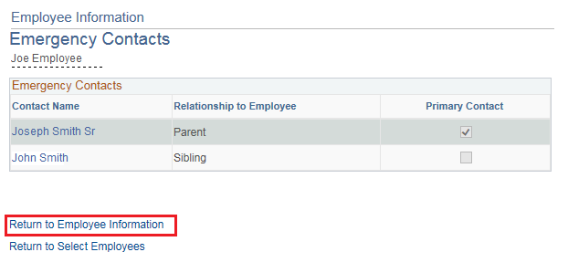 Image of the Emergency Contacts page. The image shows a highlighted box around the Return to Employee Information link.