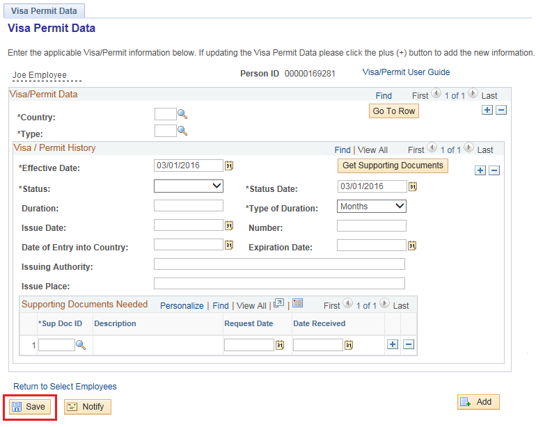 Image of the Visa Permit Data page. The image shows a highlighted box around the Save button.