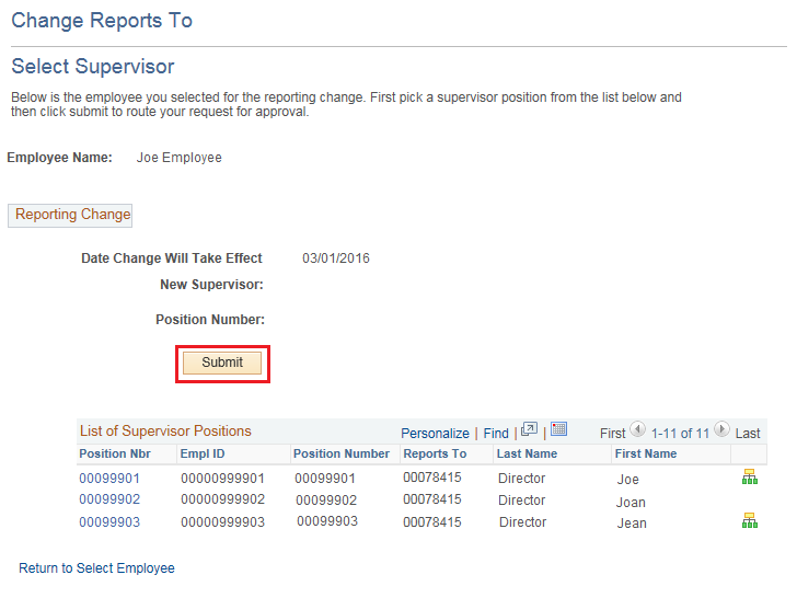 Image of the Change Reports To page. The image shows a highlighted box around the Submit button.