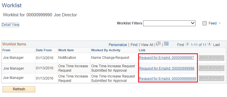 Image of the Worklist page. The image shows a highlighted box around Link column.