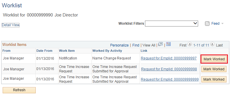 Image of the Worklist page. The image shows a highlighted box around Mark Worked button.