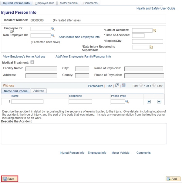 Image of the Injured Person Info page. The image shows a highlighted box around the Save button.