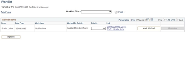 Image of the Worklist page. The image shows a highlighted box around the Mark Worked button.
