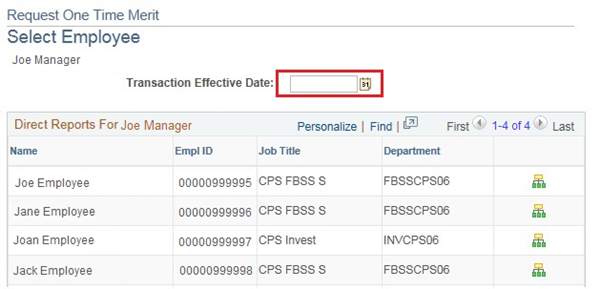 Image of the Request One-Time Merit Select Employee page. The image shows a highlighted box around the Transaction Effective Date field.