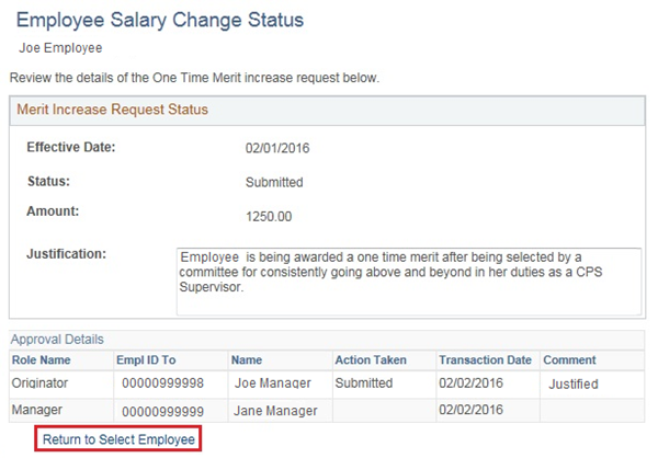 Image of the Employee Salary Change Status page. The image shows a highlighted box around the Return to Select Employee link.