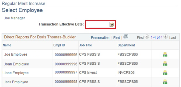 Image of the Regular Merit Increase Select Employee page. The image shows a highlighted box around the Transaction Effective Date.