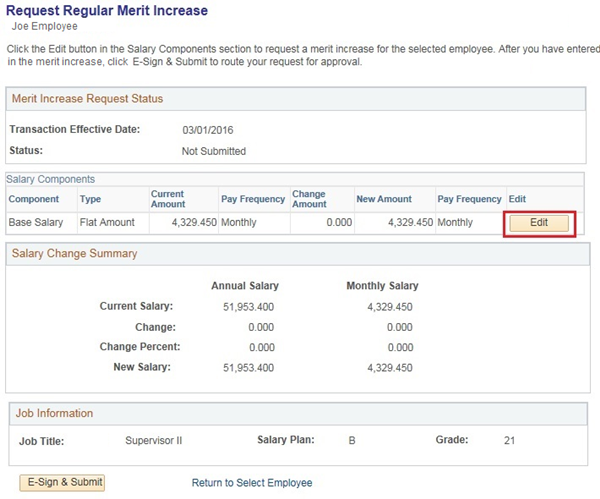 Image of the Request Regular Merit Increase page. The image shows a highlighted box around the Edit button.