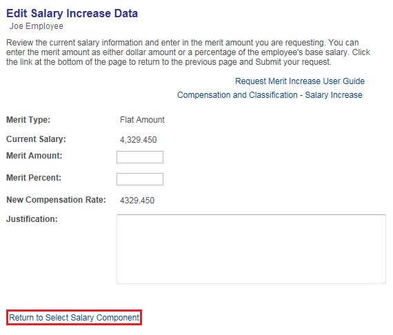 Image of the Edit Salary Increase Data page. The image shows a highlighted box around the Return to Select Salary Component link.