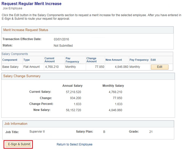 Image of the Request Salary Merit Increase page. The image shows a highlighted box around the E-Sign & Submit button.