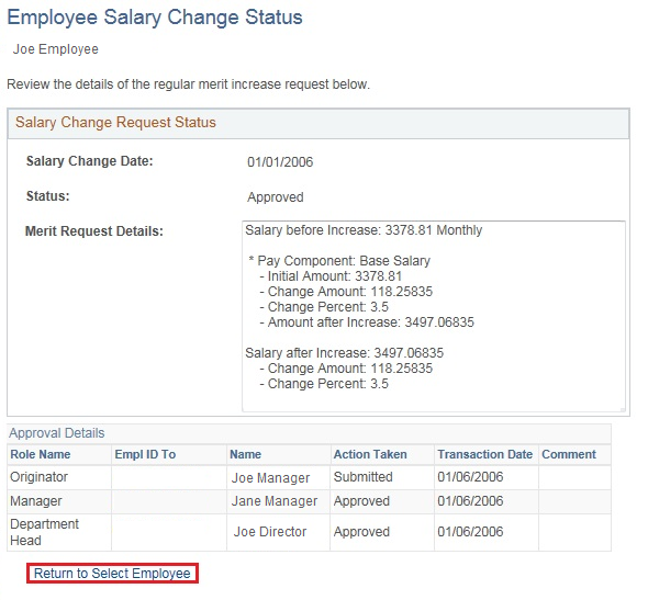 Image of the Employee Salary Change Status page. The image shows a highlighted box around the Return to Select Employee link.