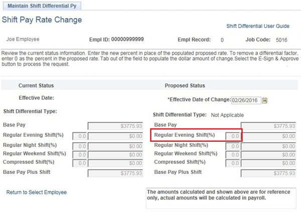 Image of the Maintain Shift Differential Pay page. The image shows a highlighted box around the Regular Evening Shift field.