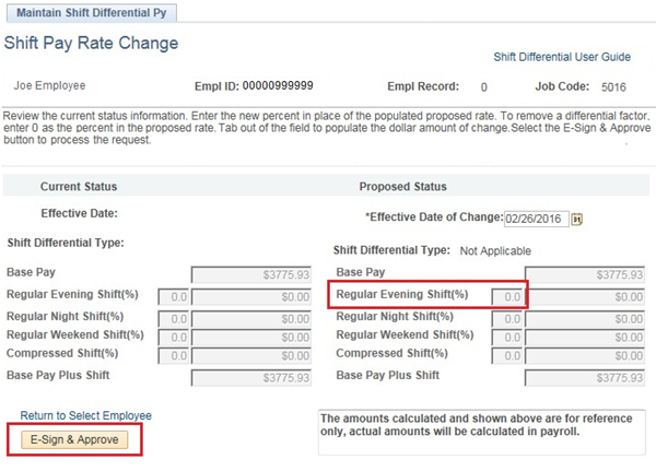 Image of the Maintain Shift Differential Pay page. The image shows a highlighted box around the E-Sign & Approve button.