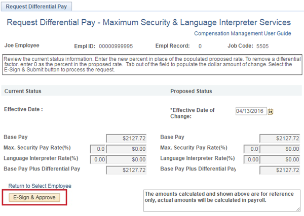 Image of the Request Differential Pay  Maximum Security Pay & Language Interpreter Services Pay page. The image shows a highlighted box around the E-Sign & Submit button.