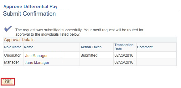Image of the Submit Confirmation page. The image shows a highlighted box around the OK button.