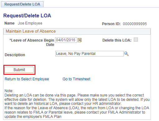 Image of the Request/Delete LOA page. The image shows a highlighted box around the Submit button.