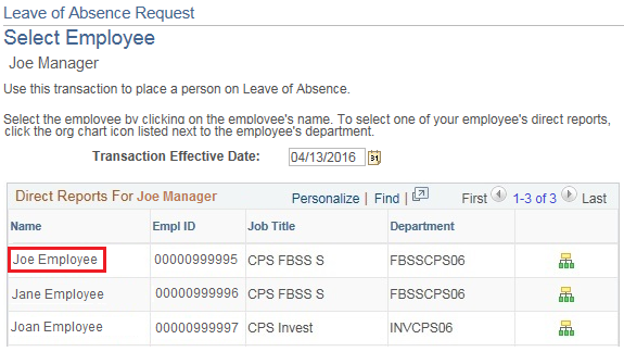 Image of the Select Employee page. The image shows a highlighted box around the Transaction Effective Date.