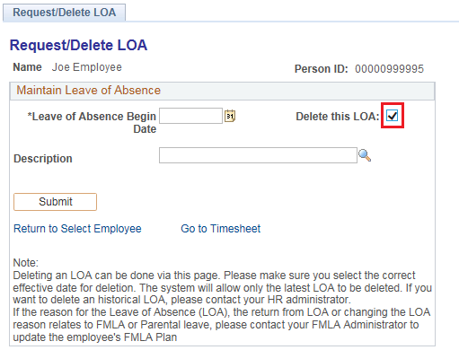 Image of the Request/Delete LOA page. The image shows a highlighted box around the Delete this LOA field.