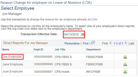 Image of the Select Employee page. The image shows a highlighted box around the Transaction Effective Date.