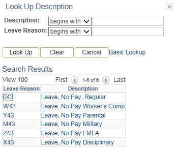 Image of the Look Up Description page. The image shows a highlighted box around the Description column.