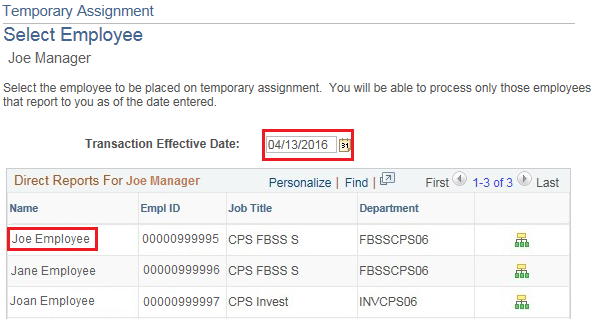 Image of the Select Employee page. The image shows a highlighted box around the Transaction Effective Date field.