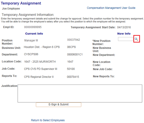 Image of the Temporary Assignment page. The image shows a highlighted box around the New Info field lookup icon.