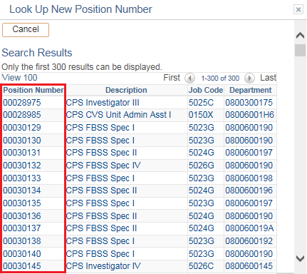 Image of the Position Lookup page. The image shows a highlighted box around the Position Number column.