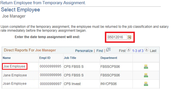 Image of the Select Employee page. The image shows a highlighted box around the Enter the date temp assignment will end field.