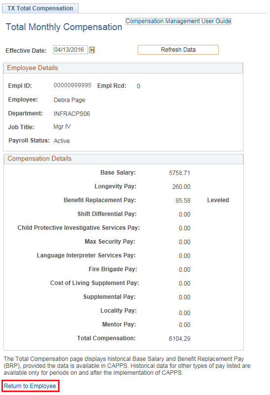Image of the Total Monthly Compensation page. The image shows a highlighted box around the Return to Employee link.