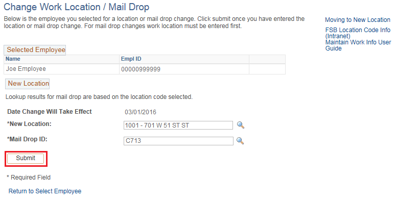 Image of the Change Work Location / Mail Drop page. The image shows a highlighted box around the Submit button.