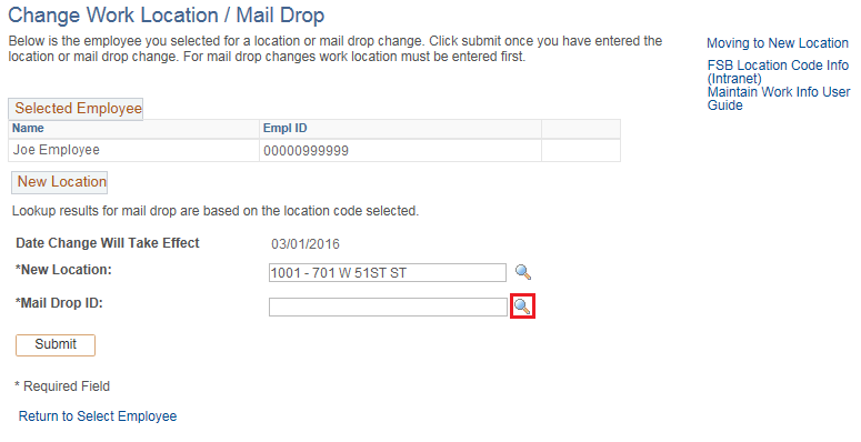 Image of the Change Work Location / Mail Drop page. The image shows a highlighted box around the *Mail Drop ID lookup icon.