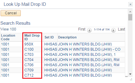 Image of the Look Up Mail Drop page. The image shows a highlighted box around the Mail Drop ID column.