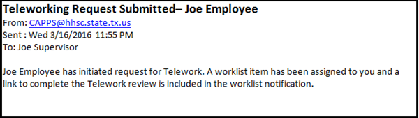 Image of the email from a direct report initially requesting to Telework.