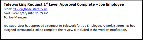 Image of the email indicating that the first level supervisor has approved a direct report's request to Telework.