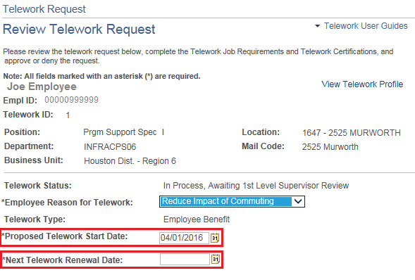 Image of the Telework Request page with the Proposed Telework Start Date and the Next Telework Renewal Date highlighted.