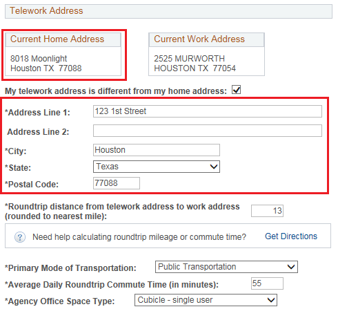 Image of the Telework Address page with the Current Home Address highlighted. The work address fields are also highlighted along with a checkbox indicating that the home address and the work address are different.