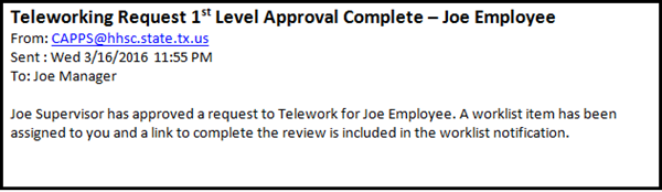 Image of the email from the First Level Approver indicating that the Telework Request has been approved.