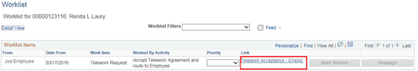 Image of the Manager WOrklist with the Telework Acceptance item highlighted.