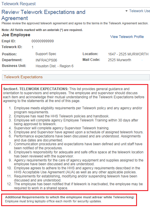 Image of the Review Telework Expectations and Agreement page with the Telework Expectations highlighted.